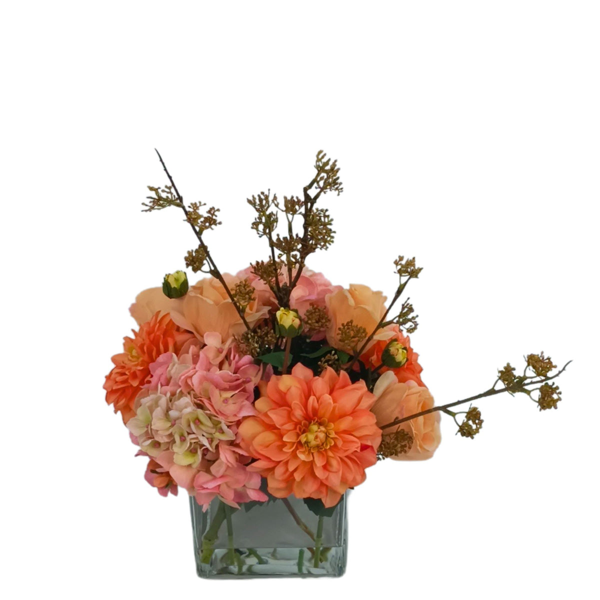 Mix Dahlia Rose Hydrangea Arrangement in Square Glass Vase