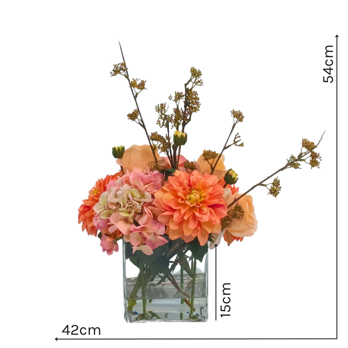 Mix Dahlia Rose Hydrangea Arrangement in Square Glass Vase