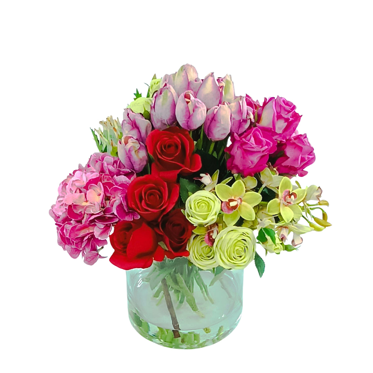 Roses Hydrangea Tulips Orchid Artichoke Mix Arrangement in Glass Vase