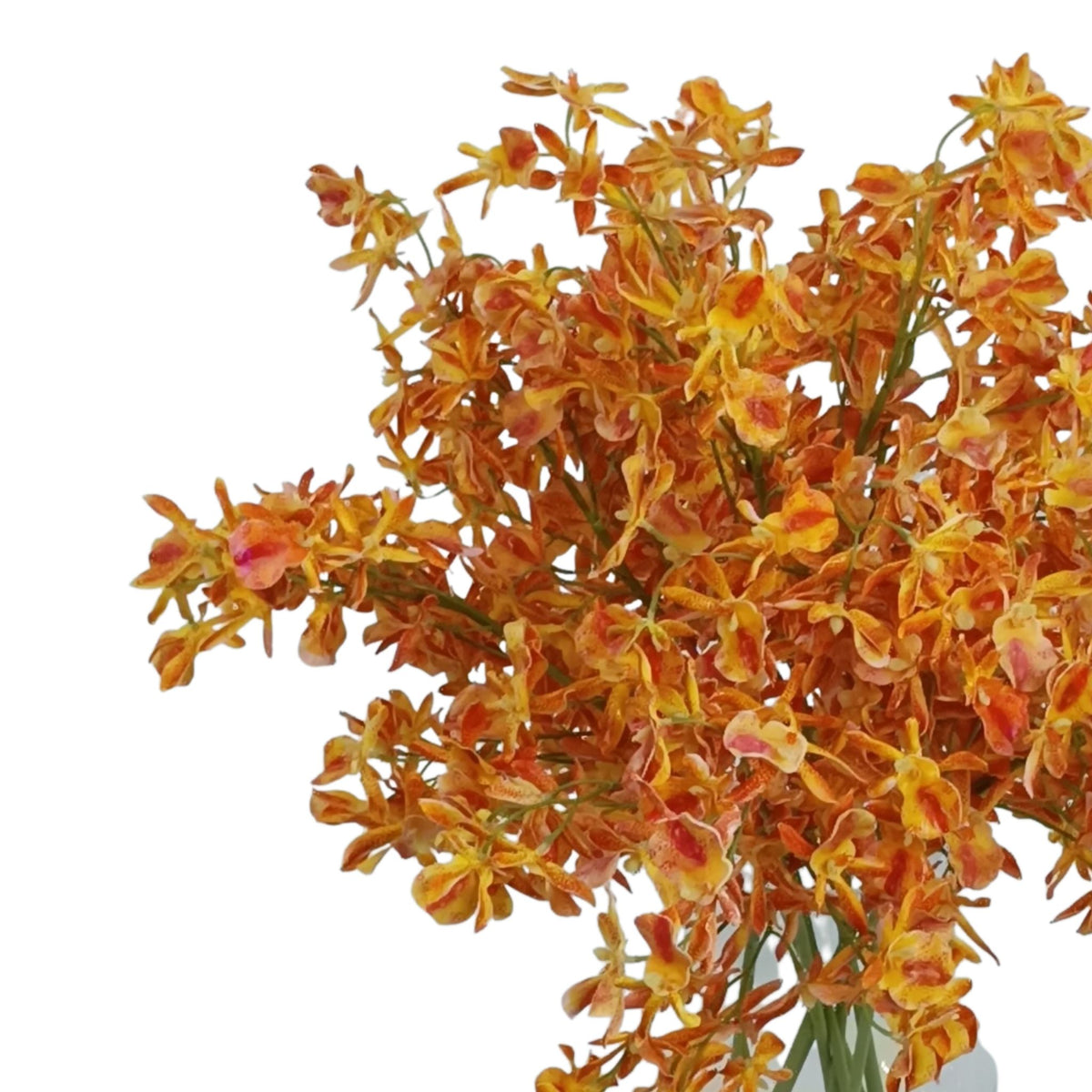 Oncidium Orange Red Silk Flower Arrangement in Glass Barrel Vase. Bright statement piece. Purchase from www.plantcouture.co.za