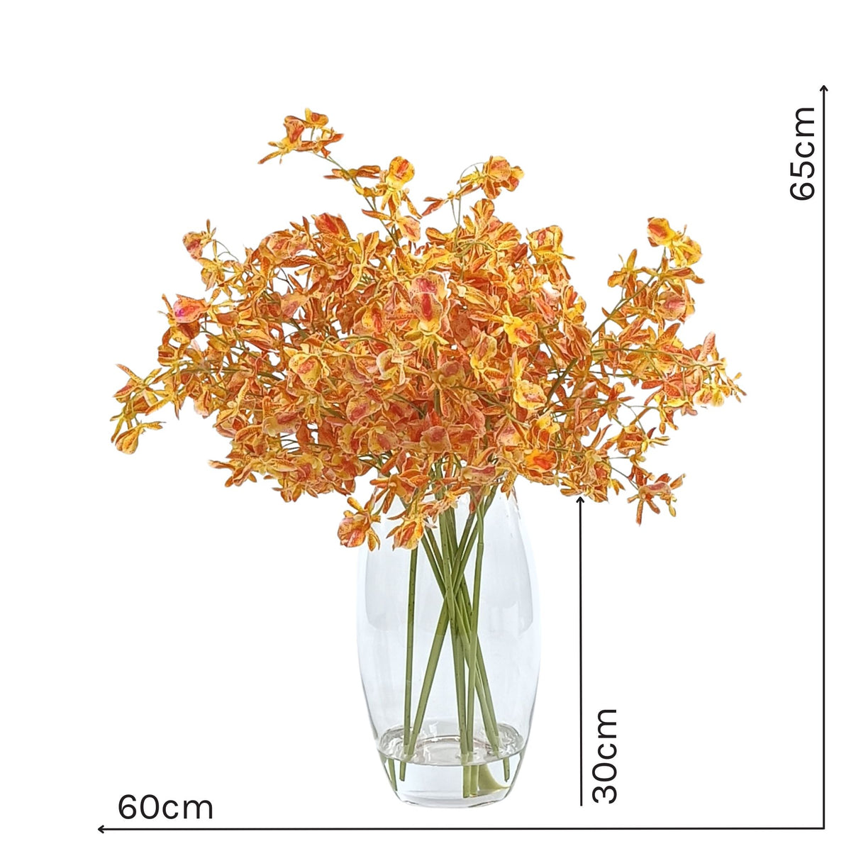 Oncidium Orange Red Silk Flower Arrangement in Glass Barrel Vase. Bright statement piece. 65cm high x 60cm wide with a vase height of 30cm. Purchase from www.plantcouture.co.za