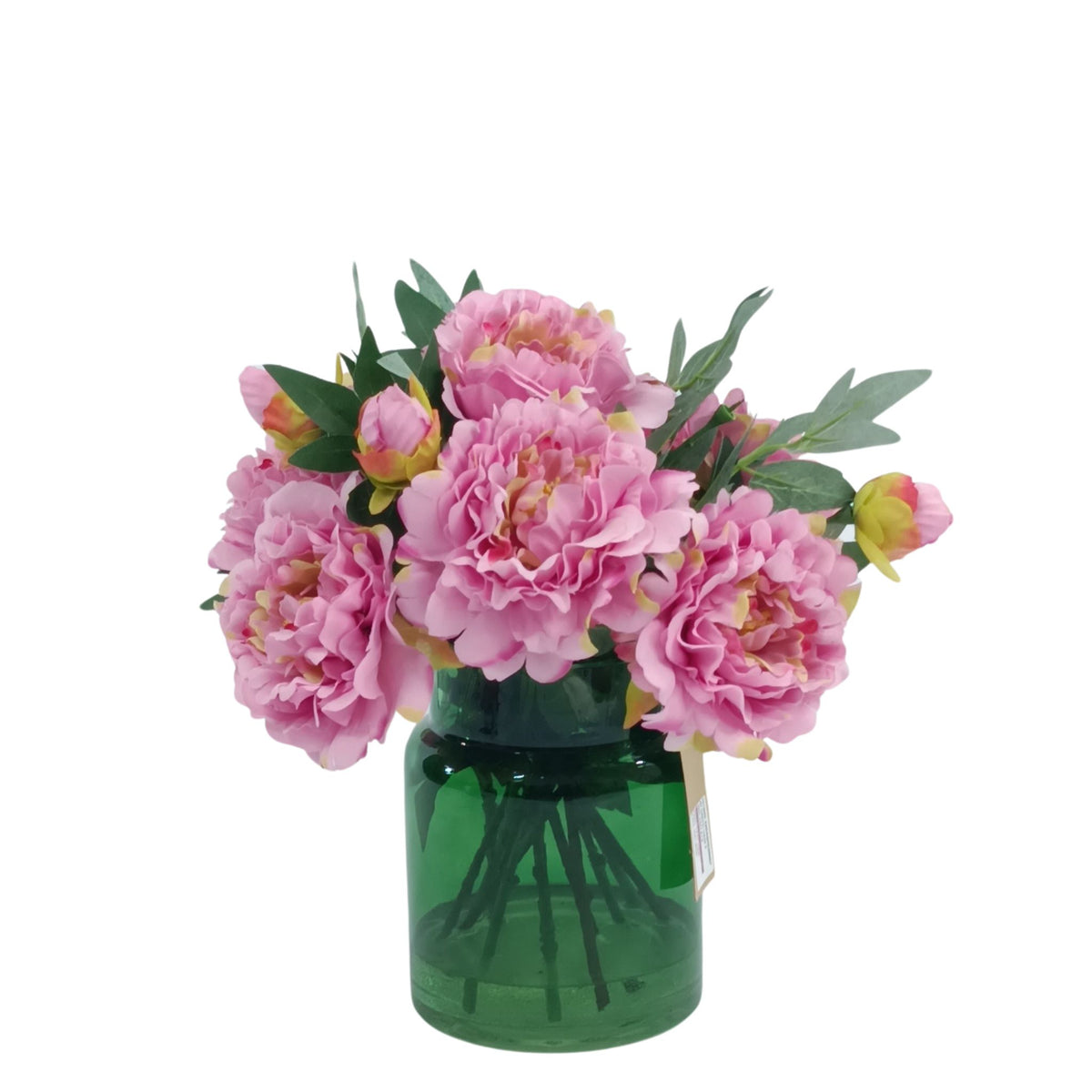 Peonie Pink Arrangement in Green Glass Vase. Front view. From Plant Couture.