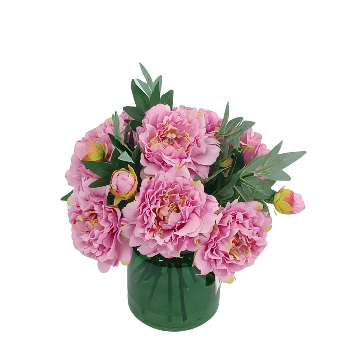 Peonie Pink Arrangement in Green Glass Vase. Top view. From Plant Couture.