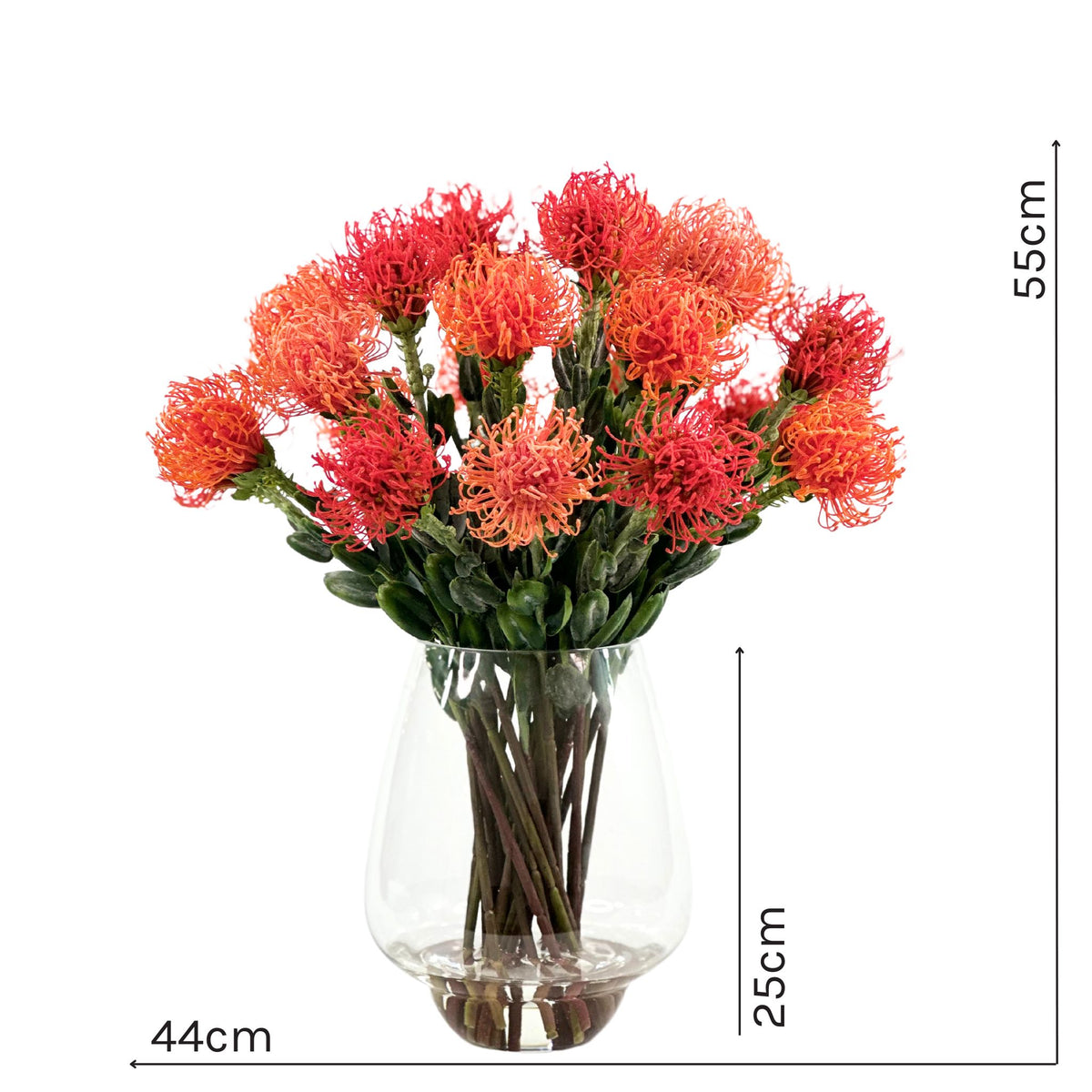 Pincushions Orange in Pyramid Glass Vase. Silk Flower arrangements. Front view with measurements. 55cm high by 44cm wide. 25cm vase. Available from Plant Couture www.plantcouture.co.za