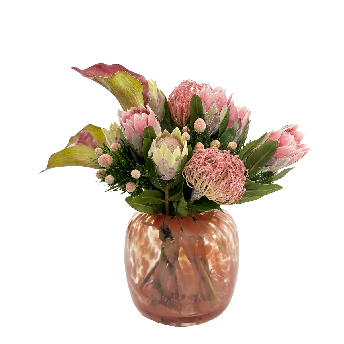 Protea Arum Lily Silk Flower Arrangement in Speckled Glass Vase