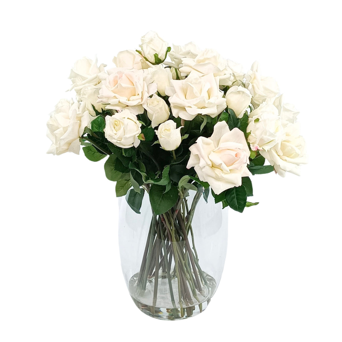 Roses White Arrangement in Glass Barrel Vase