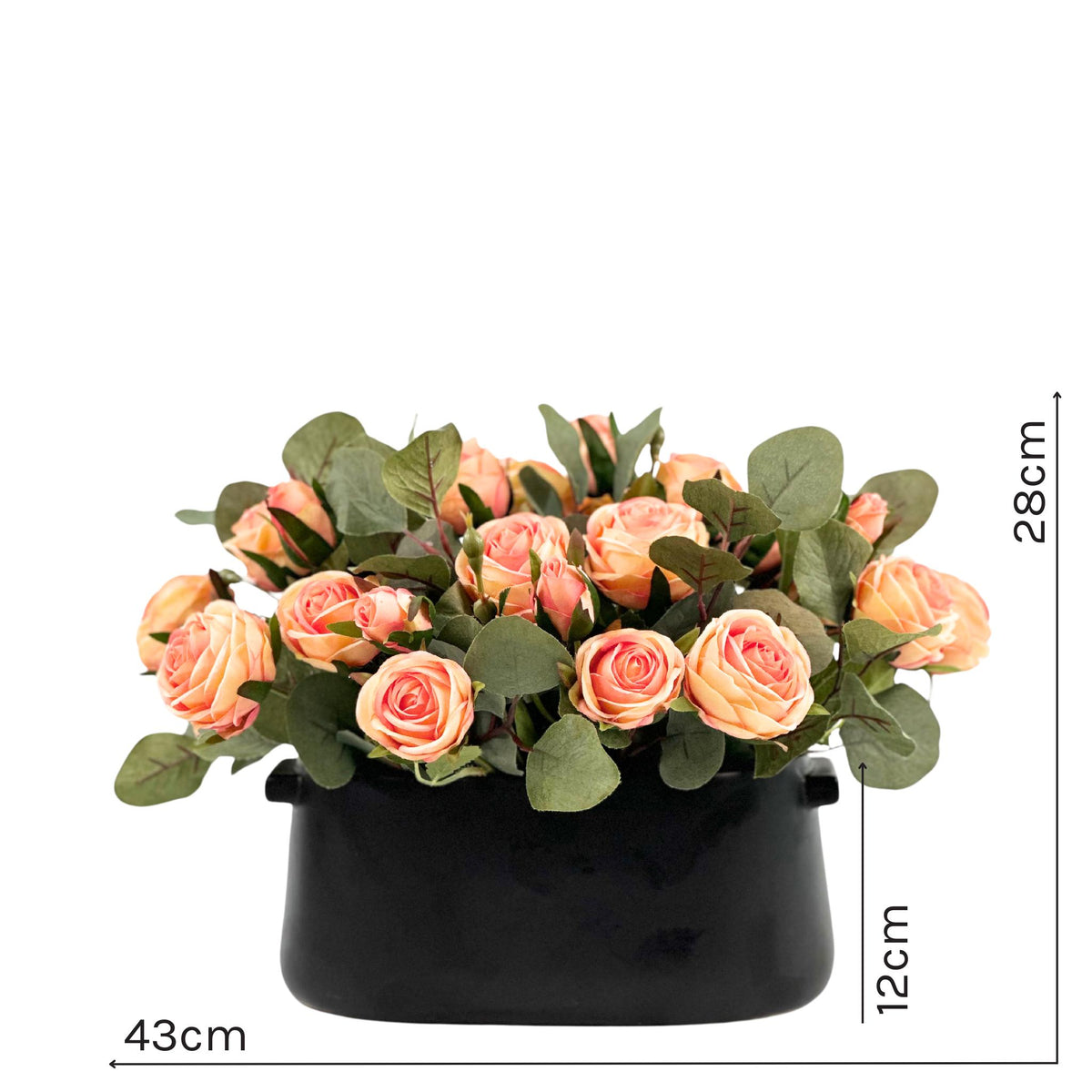 Roses Peach Silk Flower Arrangement in Black Ceramic Planter. Full front view with measurements. Available from www.plantcouture.co.za