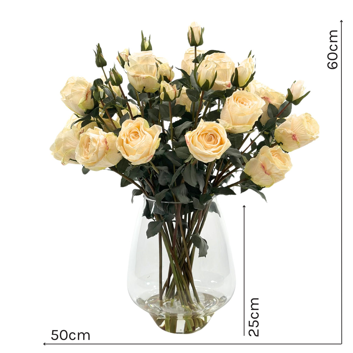 Roses Cream Silk Flower Arrangement in Pyramid Glass Vase. Front view with measurements. Plant Couture.