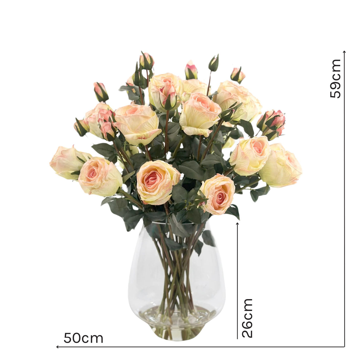 Roses Beige Peach Silk Flower Arrangement in Pyramid Glass Vase. Front view with measurements. Plant Couture.