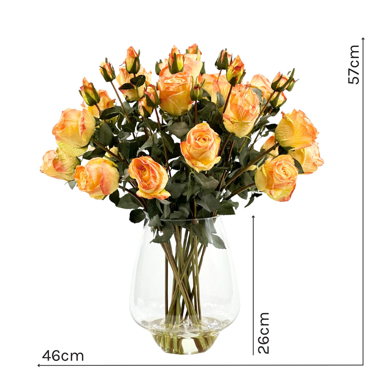 Roses Orange Silk Flower Arrangement in Pyramid Glass Vase. Front view with measurements. Plant Couture.