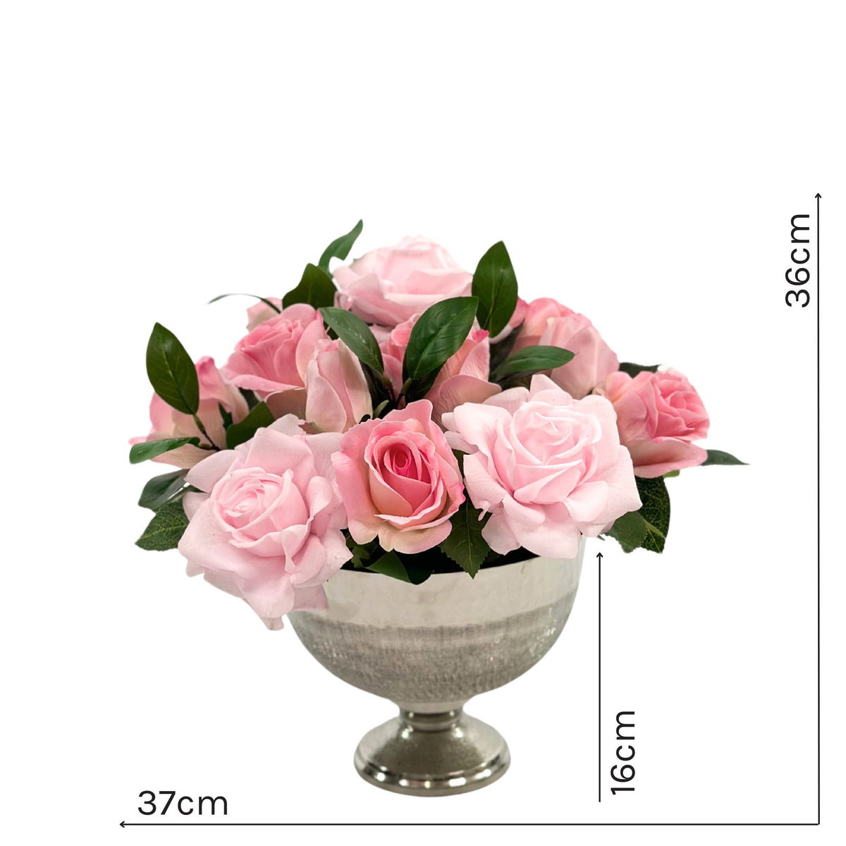 Roses Pink Silk Flower Arrangement in Silver Planter. Front view with measurements. Plant Couture.