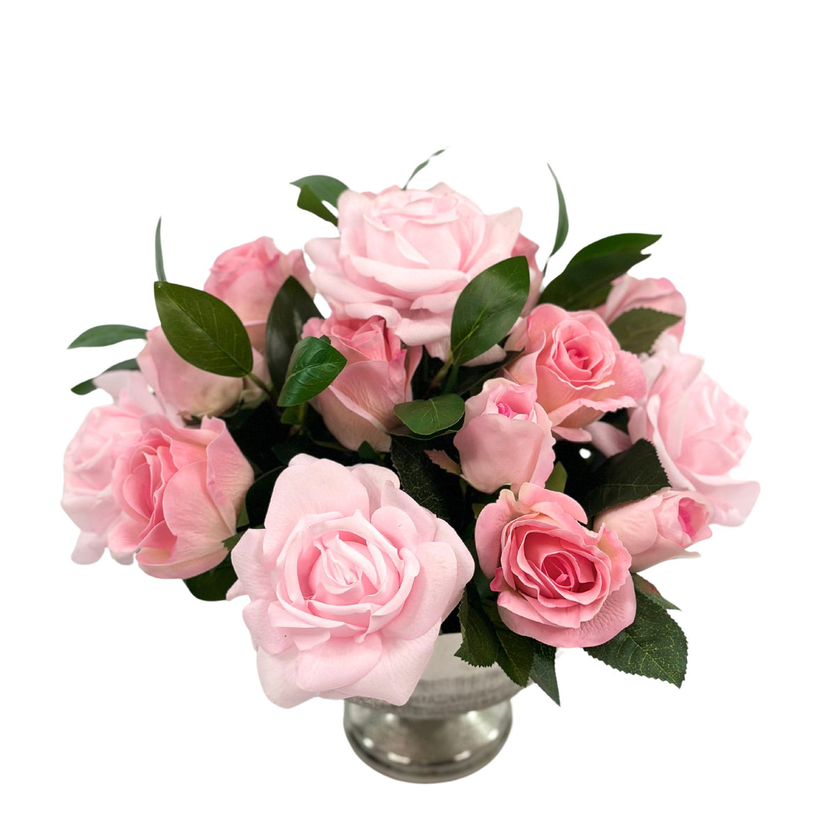 Roses Pink Silk Flower Arrangement in Silver Planter. Side top front view. Plant Couture.