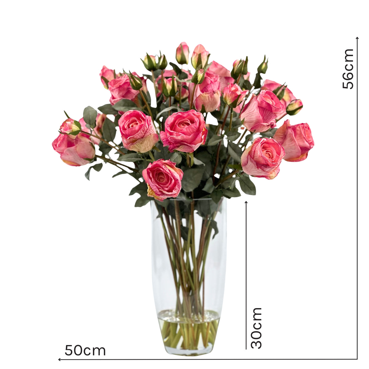 antique rose pink in glass vase from plant couture. Measures 50cm wide 30cm vase height and 56cm high. www.plantcouture.co.za