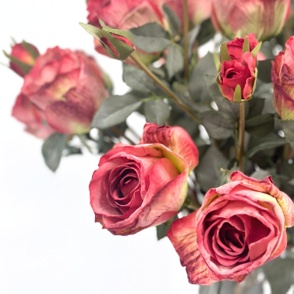 Antique Rose Red in Glass Vase. Silk Flower Arrangement. Close up view. www.plantcouture.co.za