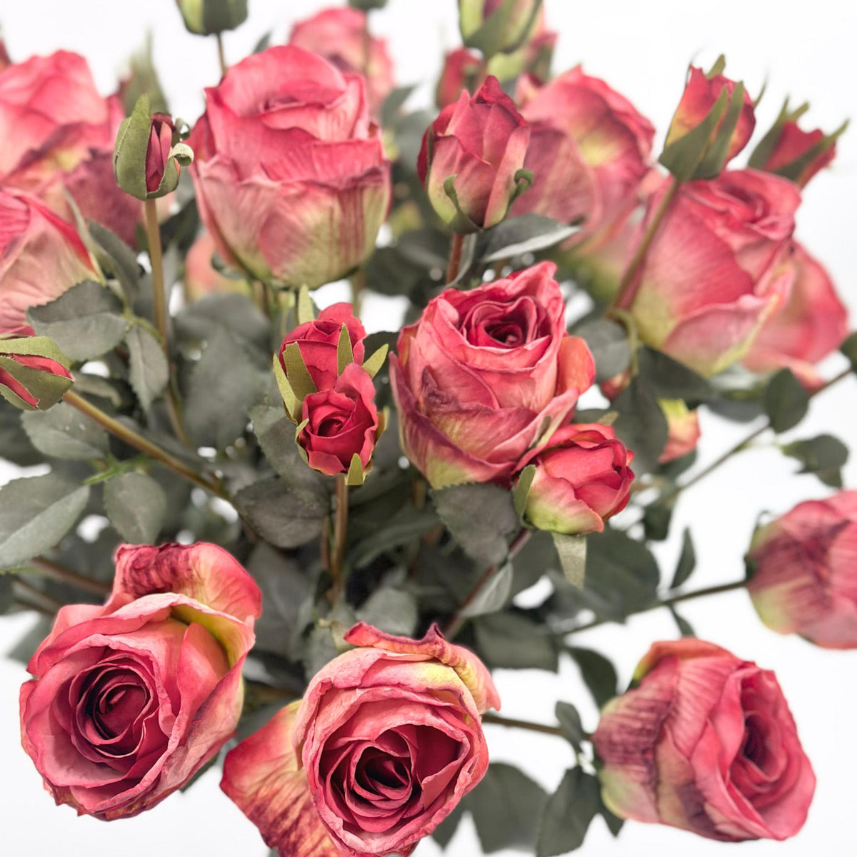 Antique Rose Red in Glass Vase. Silk Flower Arrangement. Close up view. www.plantcouture.co.za