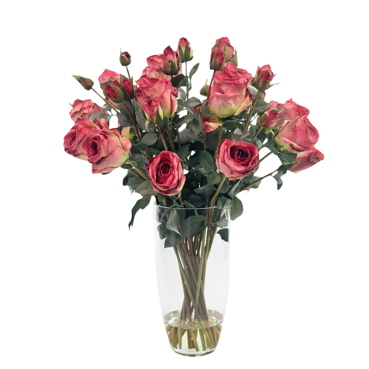 Antique Rose Red in Glass Vase. Silk Flower Arrangement. Front View. www.plantcouture.co.za