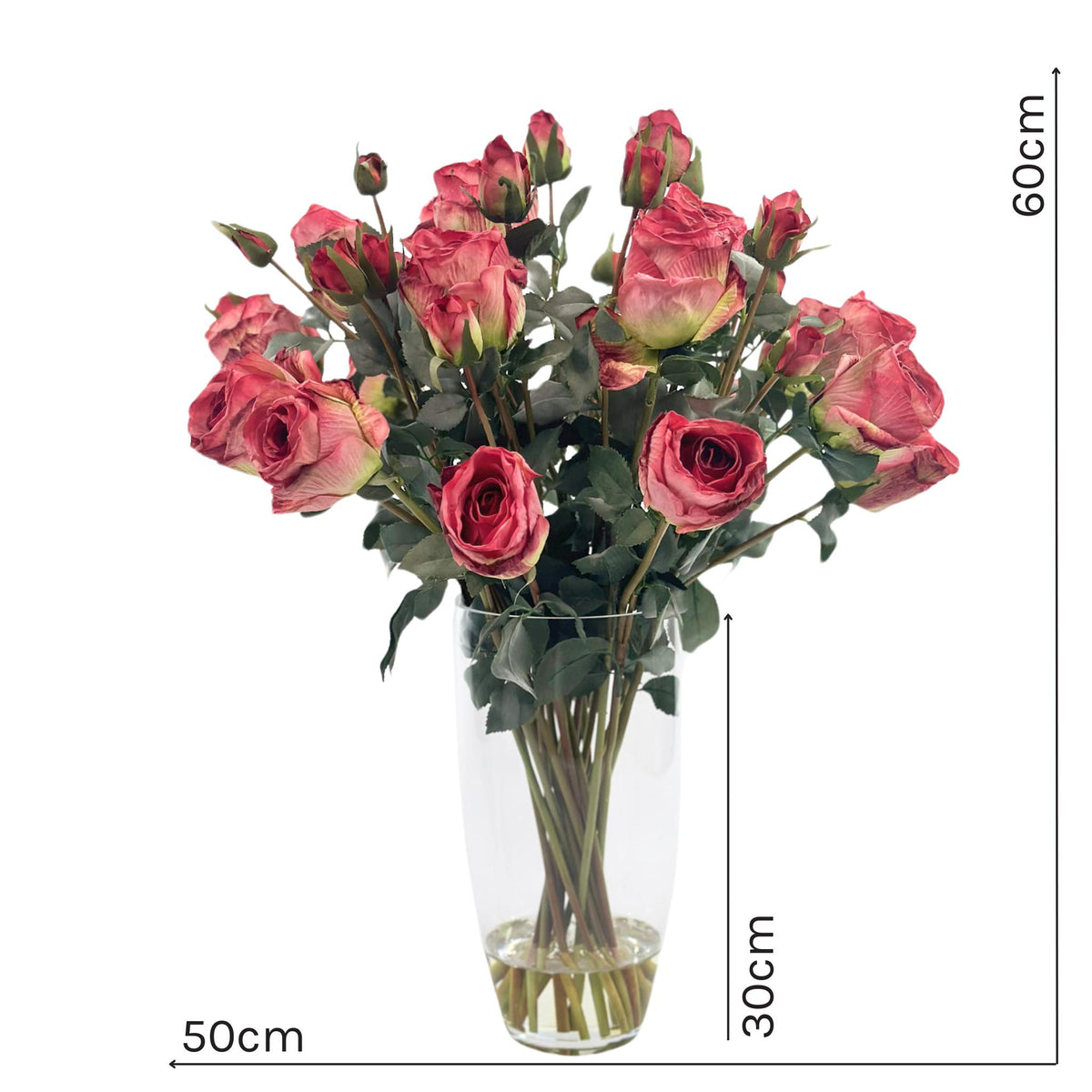 Antique Rose Red in Glass Vase. Silk Flower Arrangement. Front view with measurements. www.plantcouture.co.za