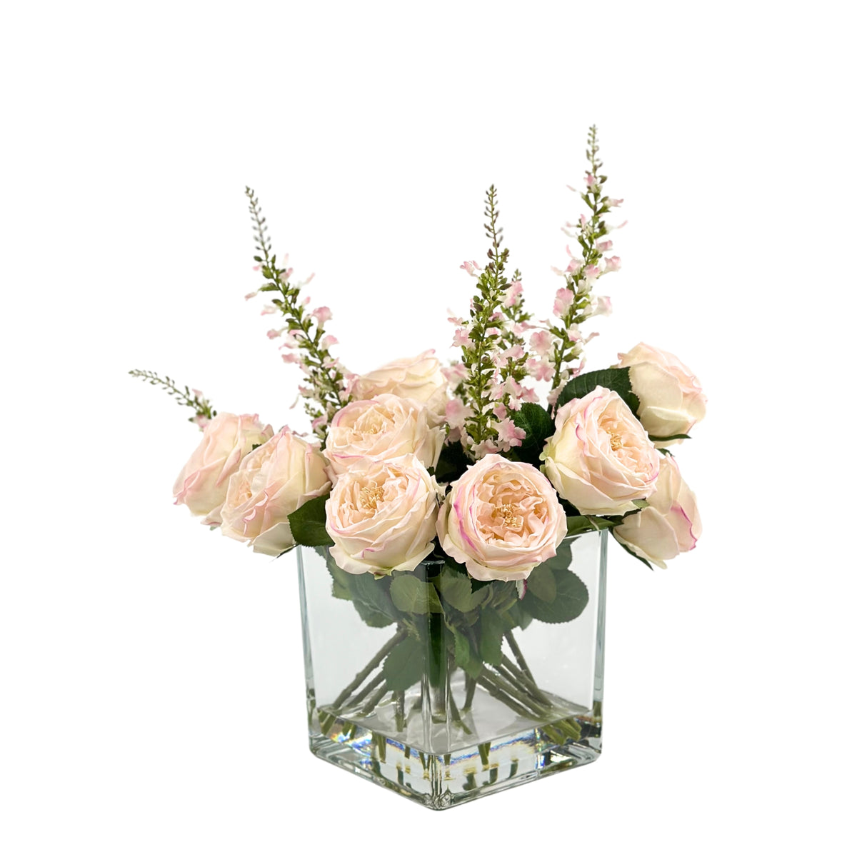 Cabbage Rose White Pink SILK FLOWER Arrangement in Square Glass Vase. Available from Plant Couture. www.plantcouture.co.za