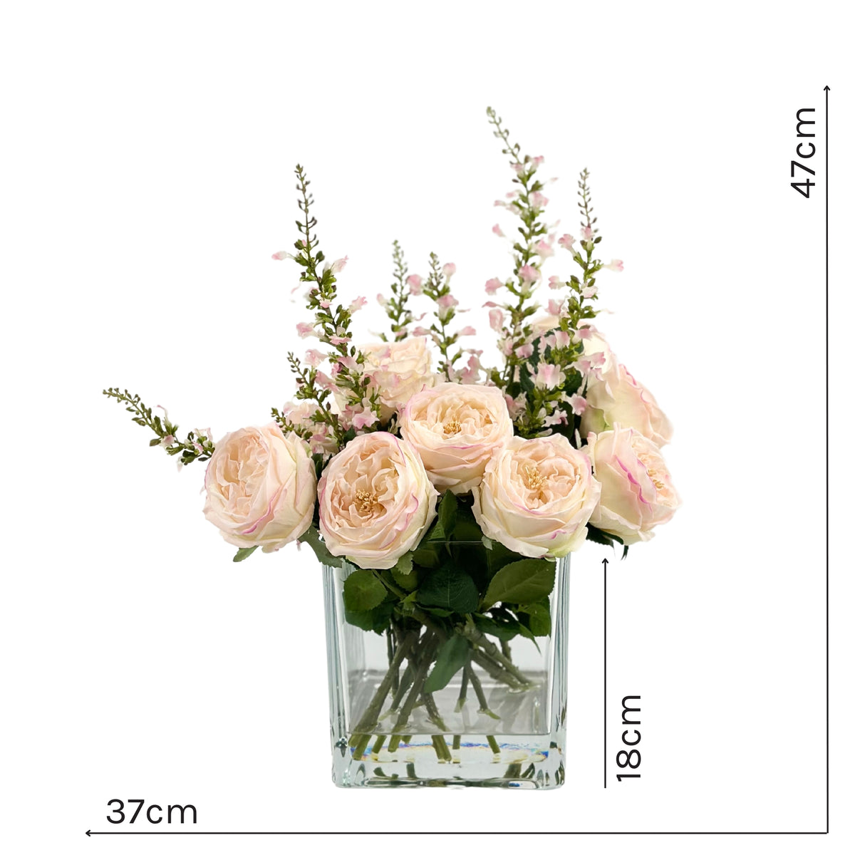 Cabbage Rose White Pink SILK FLOWER Arrangement in Square Glass Vase. Measures 47cm high, 37cm wide and vase is 18cm high. Available from Plant Couture. www.plantcouture.co.za