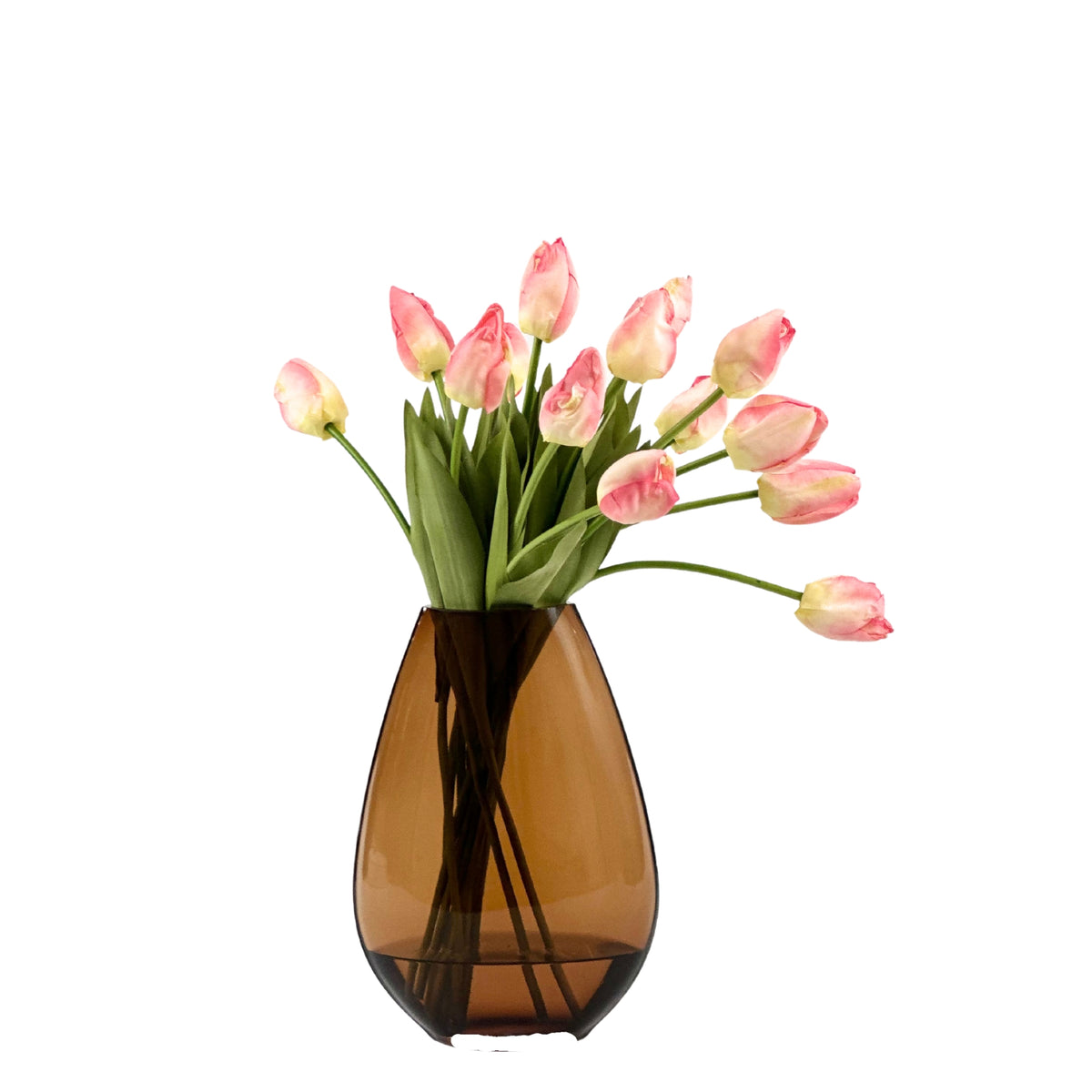 Tulip Pink in Brown Tear Drop Glass Vase