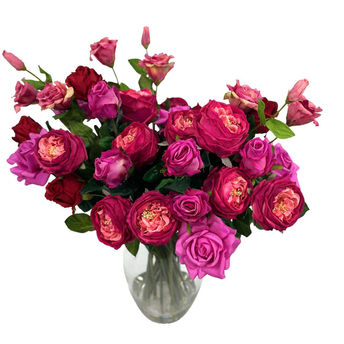 Top view of Arrangement of Mixed Rosed including Cabbage rose , Pink cerice Purple and red roses. 60cm high and 60cm wide - Set in glass vase with faux water.