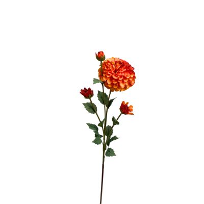 Dahlia Pom Pom Orange Red Silk Flower Stem - 80cm