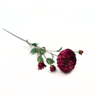 Dahlia Pom Pom Red Maroon Silk Flower Stem - 80cm. Dark purple hues. Lying down view. Available from Plant Couture. www.plantcouture.co.za