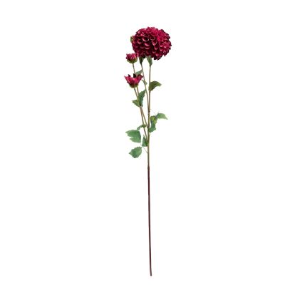 Dahlia Pom Pom Red Maroon Silk Flower Stem - 80cm. Dark purple hues. Full stem view. Available from Plant Couture. www.plantcouture.co.za