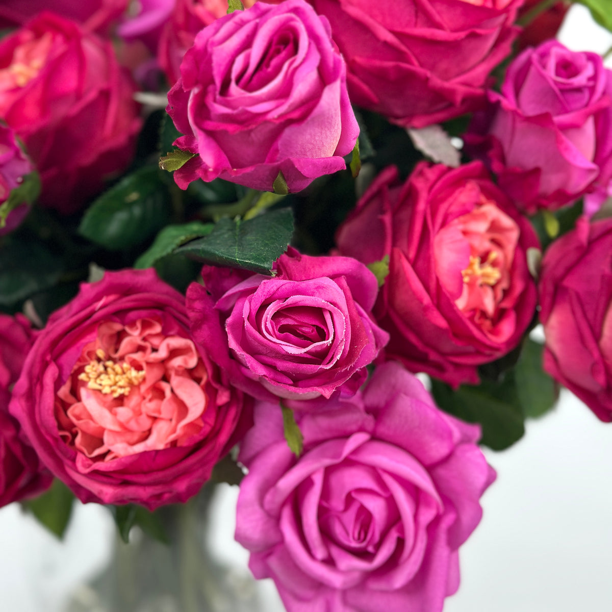 Close up of Arrangement of Mixed Rosed including Cabbage rose , Pink cerice Purple and red roses. 60cm high and 60cm wide - Set in glass vase with faux water