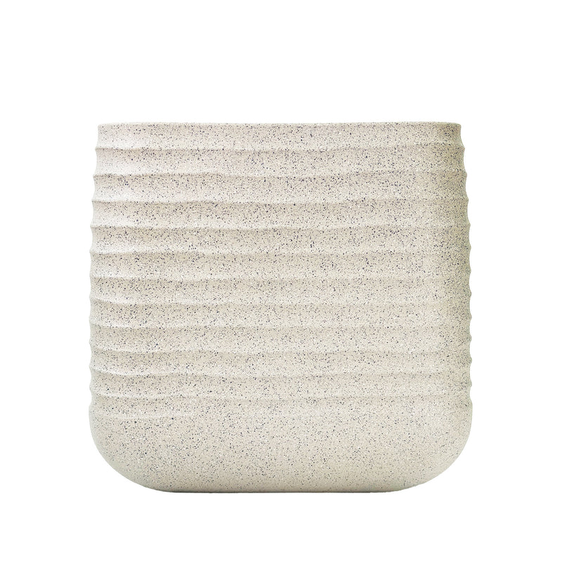 Large Mariella Square Pot 50.5cm x 50.5cm x 49cm  in Mediterranean Beige. Terrazzo textured finish, eco-friendly, Light weight, Side view.