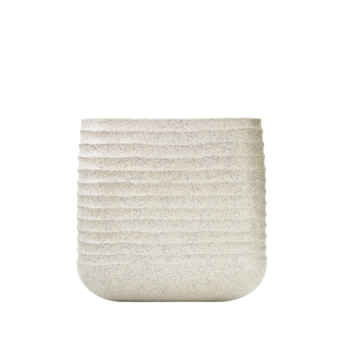 Medium Mariella Square Pot 38cm x 38cm x 37cm  in Mediterranean Beige. Terrazzo textured finish, eco-friendly, Light weight, Side view.