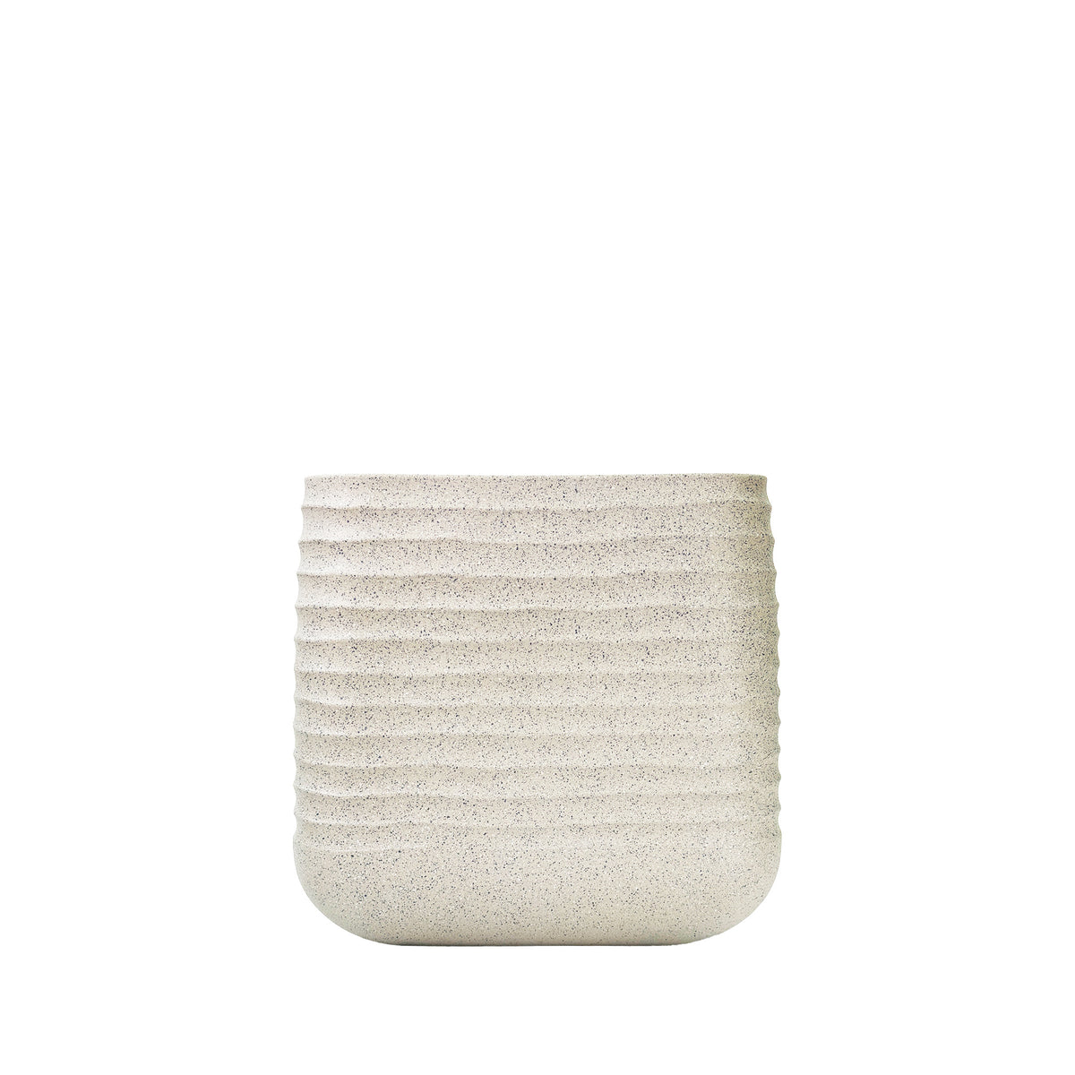 Small Mariella Square Pot 28cm x 28cm x 27.5cm in Mediterranean Beige. Terrazzo textured finish, eco-friendly, Light weight, Side view.