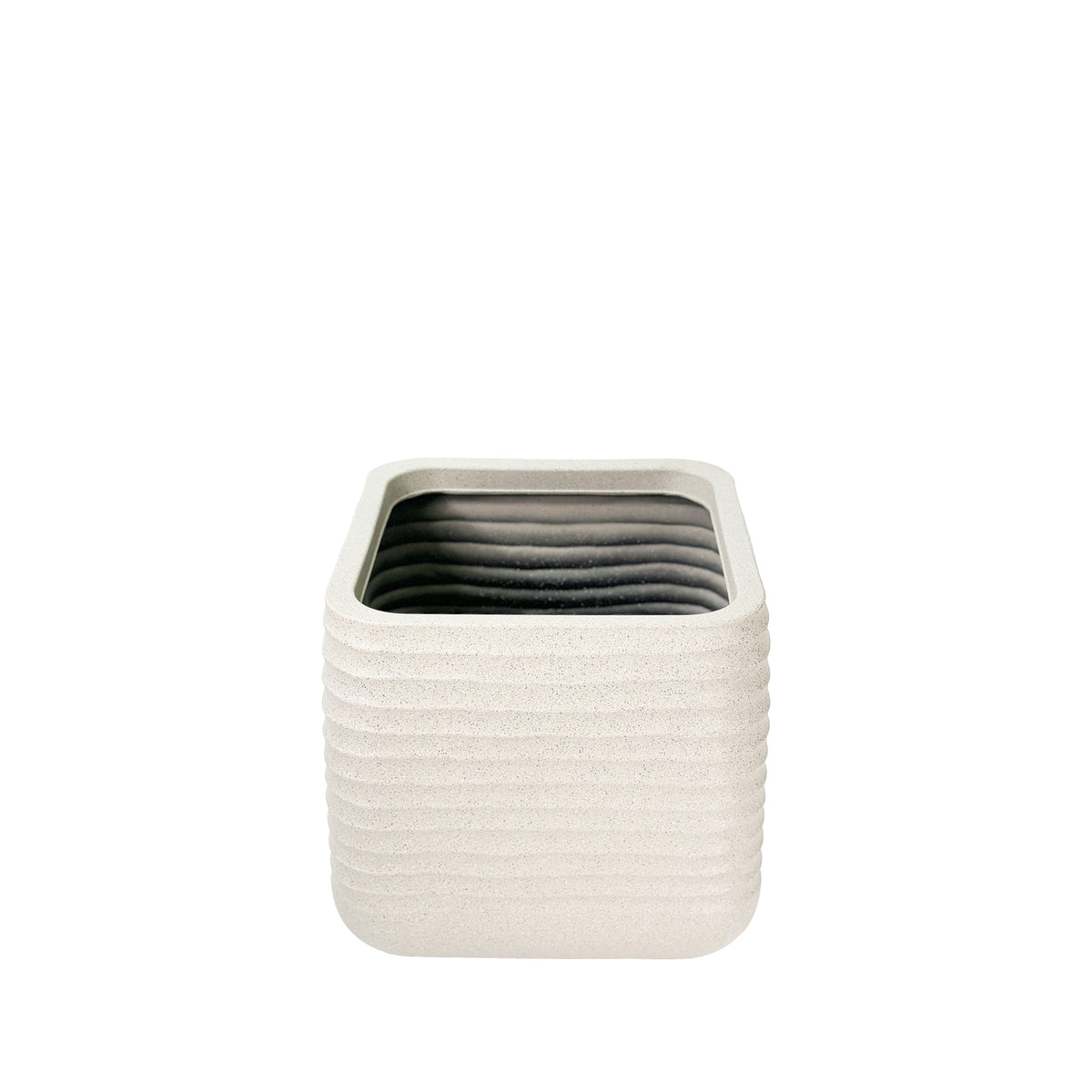 Small Mariella Square Pot 28cm x 28cm x 27.5cm in Mediterranean Beige. Terrazzo textured finish, eco-friendly, Light weight, Front view.