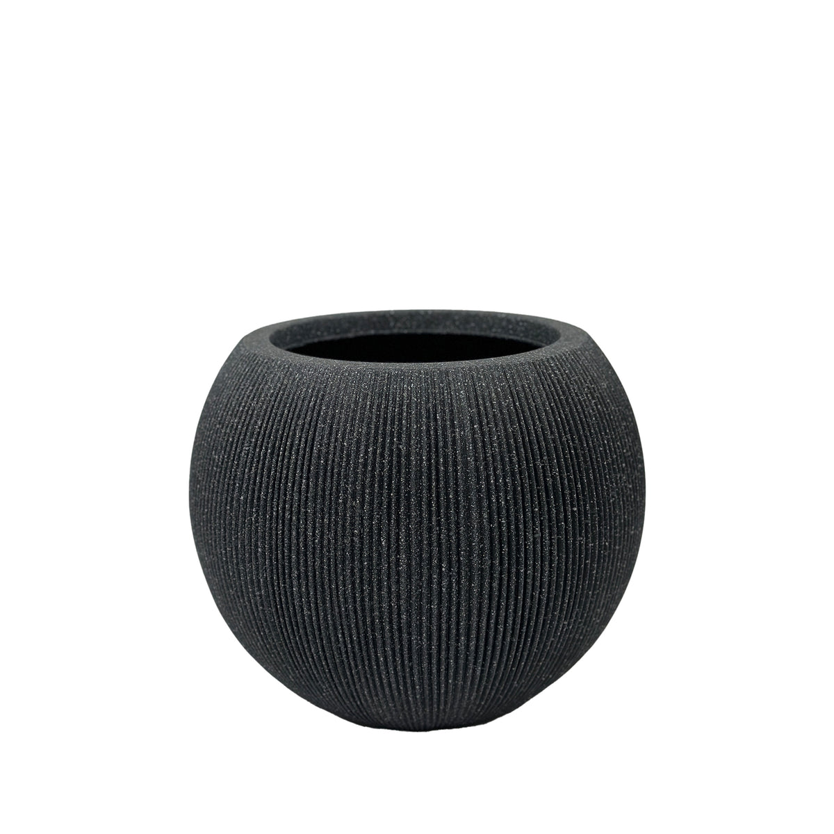 Black Nature Ridged Bowl 37cm. Eco-friendly, Polyresin, Terrazzo stone textured look, lightweight, Front view.