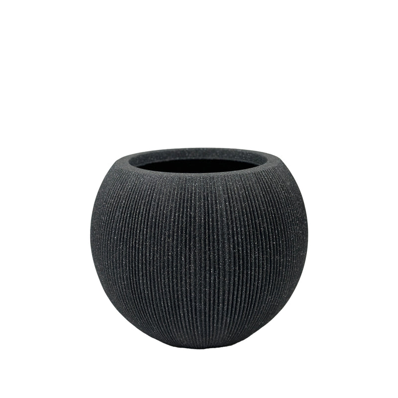 Black Nature Ridged Bowl 37cm. Eco-friendly, Polyresin, Terrazzo stone textured look, lightweight, Front view.