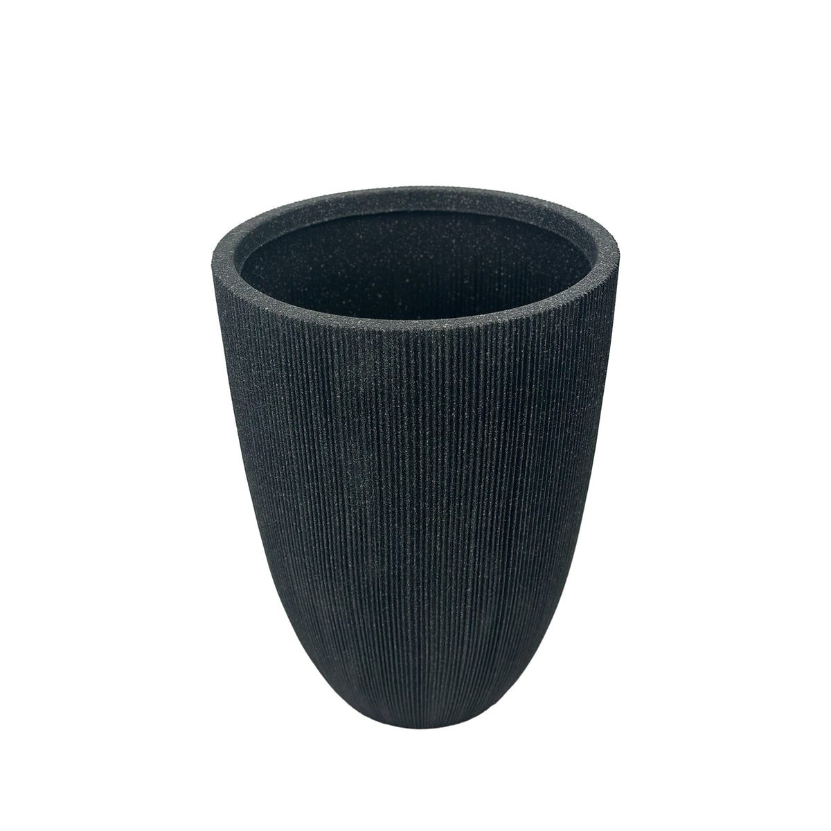 Large sized Mediterranean Black Nature Ridged Planter 57.5cm with Terrazzo textured look. Eco-friendly & lightweight Polyresin, Front view.