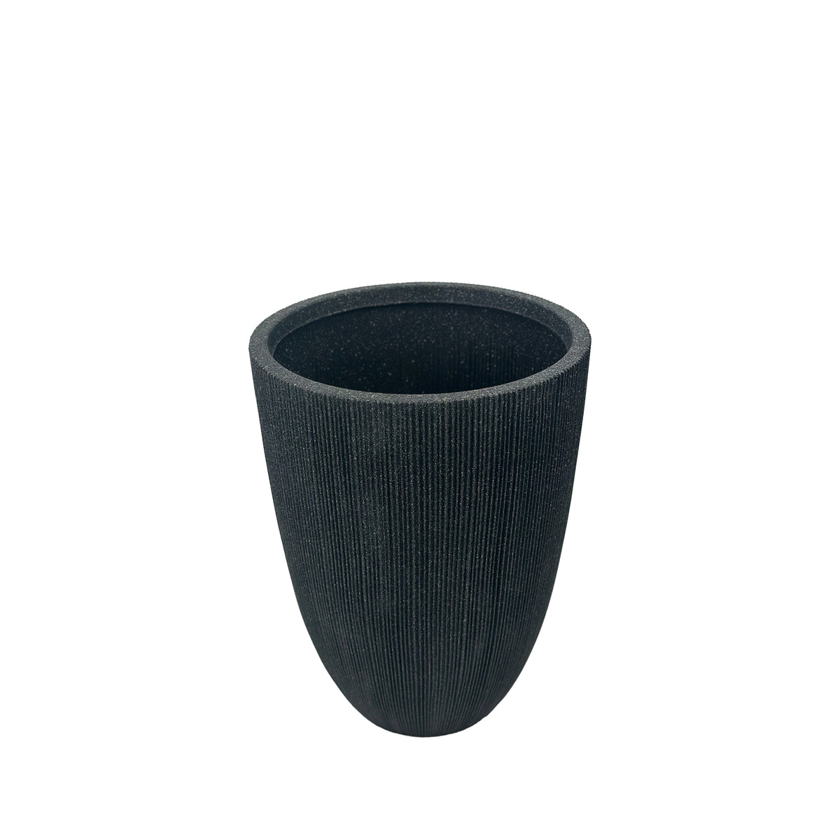 Medium sized Mediterranean Black Nature Ridged Planter 48.7cm with Terrazzo textured look. Eco-friendly & lightweight Polyresin, Front view.