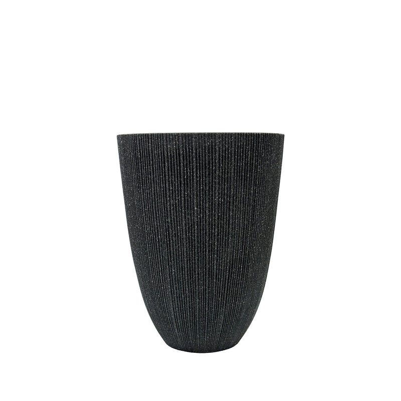 Medium sized Mediterranean Black Nature Ridged Planter 48.7cm with Terrazzo textured look. Eco-friendly & lightweight Polyresin, Side view.