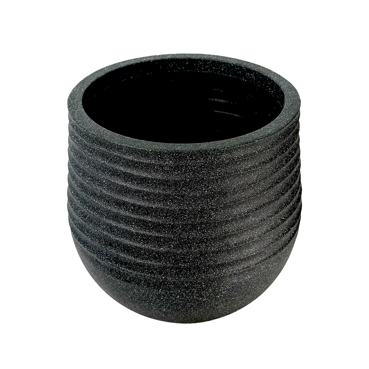 53 cm Poly-resin, Large Ribbed planter, Mediterranean Black with a terrazzo finish, Lightweight, Weather resistant and eco friendly, Front view.