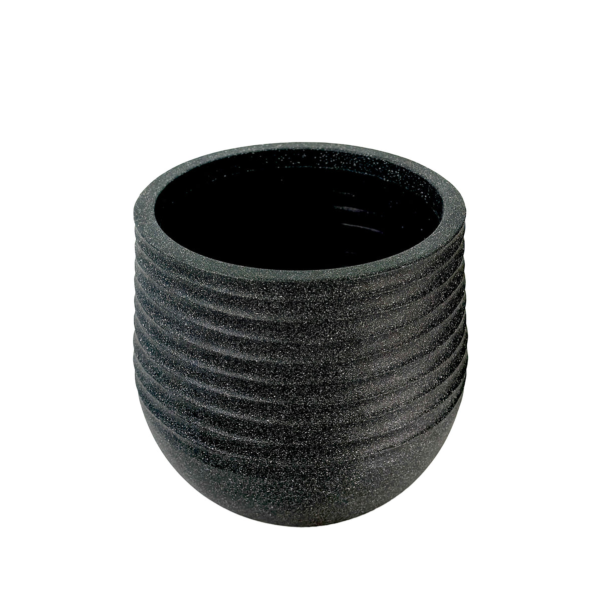 40 cm Poly-resin, Medium Ribbed planter, Mediterranean Black with a terrazzo finish, Lightweight, Weather resistant and eco friendly, Front view.