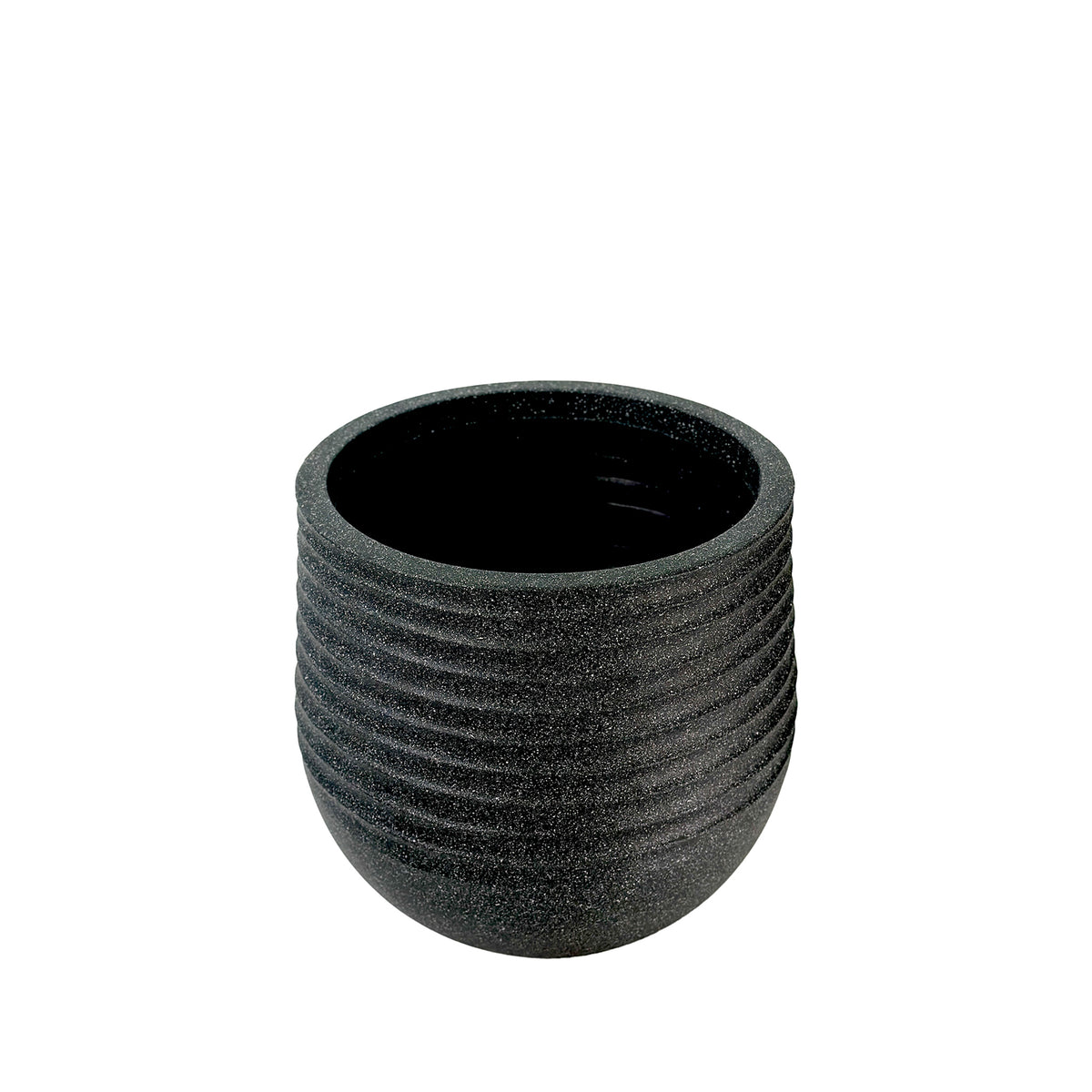 30cm Poly-resin, Small Ribbed planter, Mediterranean Black with a terrazzo finish, Lightweight, Weather resistant and eco friendly, Front view.