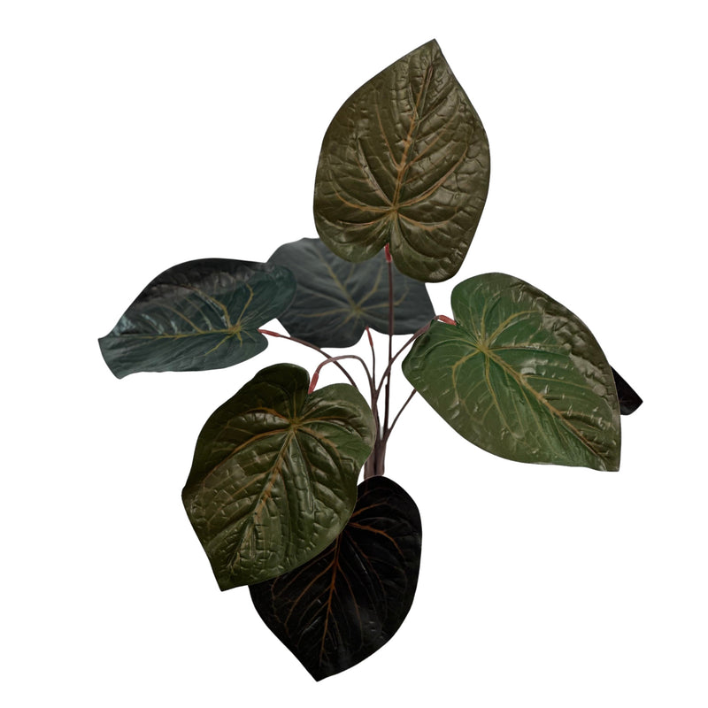 Topview of the Filler Anthurium Real Touch Bunch 9 Leaves - 45cm. Dark green and brown colouring. Artificial foliage, plants, trees and silk flowers available from www.plantcouture.co.za