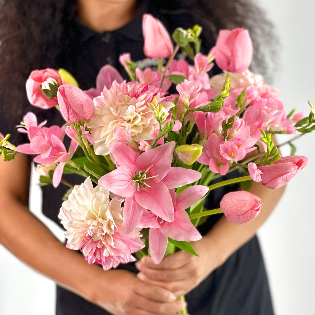 Tulip Dahlia Freezia and Lily Tied Flower Bunch