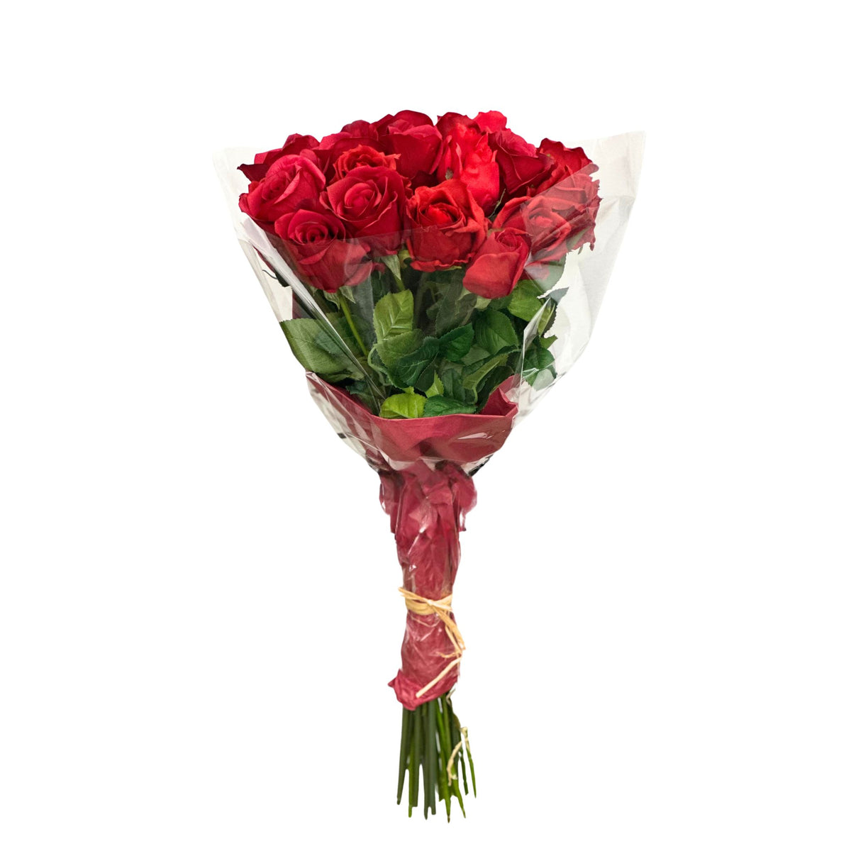 Roses Mix Valentine's Flower Tied Bunch. Red silk flowers. Front view of packaged flower bouquet. Available from Plant Couture.